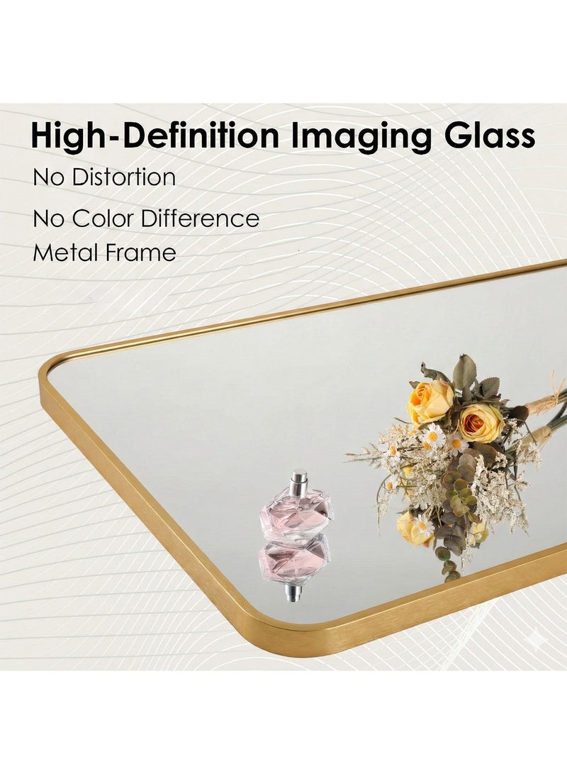 تايمي مرآة مستطيلة الشكل مقاس 120×30 سم بحواف دائرية، مرآة كاملة الطول مع حامل وإطار معدني، مرآة أرضية، مرآة حائط معلقة أو مائلة لغرفة المعيشة، غرفة النوم، المدخل، ذهبية - Image 3